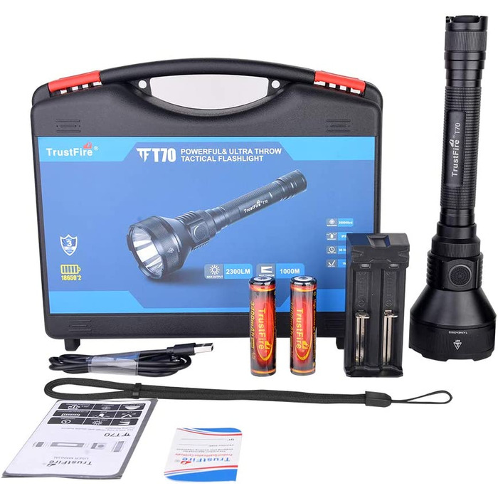 Ліхтарик TrustFire T70 LED, 2300 люмен, акумуляторний, тактичний, надяскравий, 1000 м, IPX8, 5 режимів, для полювання, кемпінгу, надзвичайних ситуацій, чорний