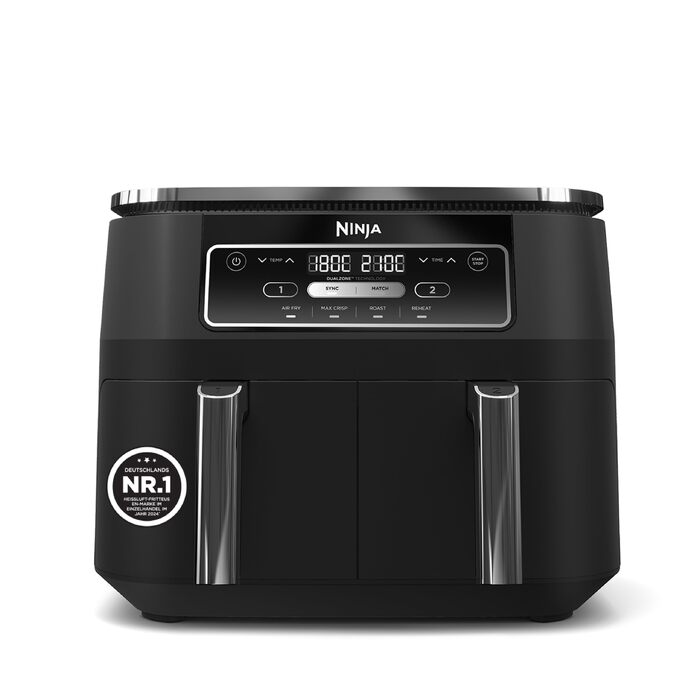 Аерофритюрниця Ninja Foodi Dual Zone AF200EU з двома чашами, 7.6 л, 4-в-1: без олії, Max Crisp, запікання, розігрів, антипригарне покриття, чорна