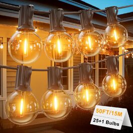 Ланцюжок прикрас для зовнішнього використання, 15м, з 25+2 LED-лампочками G40, тепле біле світло 2700K, IP65, вологостійкий, для саду, тераси, вечірок, чорний
