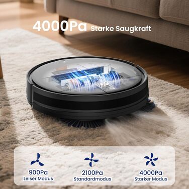 Робот-пилосос VersLife L6 з функцією миття, 4000Pa, керування через додаток, Alexa, до 120 хвилин роботи, ультратонкий дизайн, для видалення шерсті тварин, килимів та твердих підлог, чорний