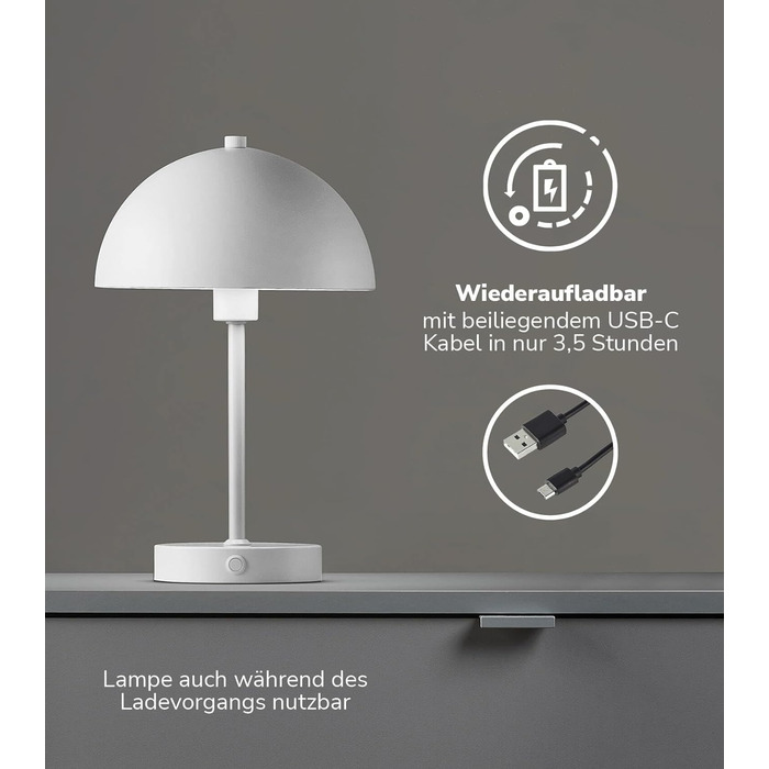 mokebo LED настільна лампа бездротова, акумуляторна, димована, USB-C, вінтажна квіткова лампа-гриб, нічник з білого металу з батареєю, тепле біле світло