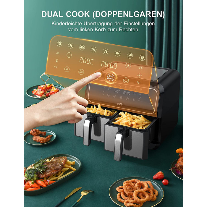 Інскій аерофритюрниця подвійна 8 л, 8 програм, 2 кошики, без олії, Dual Cook, Shake, XL