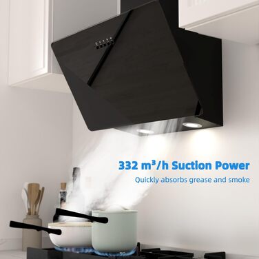 Похила витяжка для кухні FIREGAS 60 см, чорна, з LED-підсвіткою, безщеточним мотором та режимами відводу/рециркуляції повітря, клас енергоефективності A++