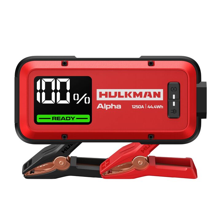 Бустерний пускач HULKMAN Alpha Ultra Red 1000A 37Wh для автомобіля 12V, портативний jump starter для бензинових (до 6.5L) та дизельних (до 3.0L) двигунів, IP65, LED-дисплей