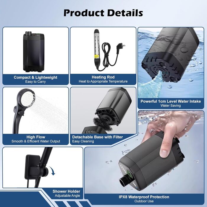 Портативний кемпінговий душ з нагрівачем та помпою, USB-зарядка, цифровий дисплей, 6000mAh, чорний — для кемпінгу, авто та домашніх тварин