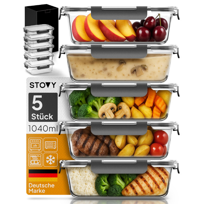 Набір скляних контейнерів для їжі STOVY Meal Prep з кришками, 5 шт по 1040 мл