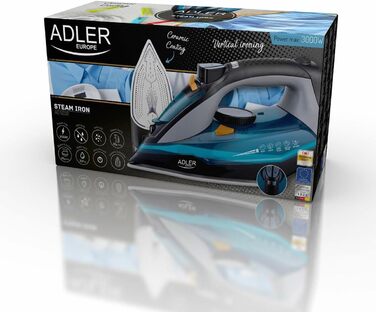 Парова праска Adler AD5032, керамічна підошва, вертикальне та сухе прасування, автоматичне вимкнення, антинакіпний фільтр, захист від протікання, 3000 Вт, 350 мл, синя