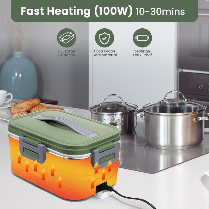 Електричний ланч-бокс для підігріву їжі 100W, 1.8Л, з контейнером з нержавіючої сталі, 3-в-1 (12В/24В/220В) для авто, вантажівок та офісу, зелений