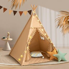 Дитяче намет WIRHAO Tipi з м'яким килимком, бавовна, канвас. Намет Tipi для дітей, з ліхтариками-зірками, сумка, прапор (білий, хакі)