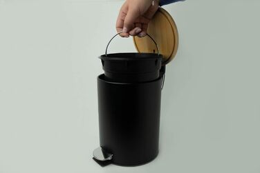 Відро для сміття helit the bamboo 3 л, металеве, з бамбуковою кришкою, тихе закривання, чорне