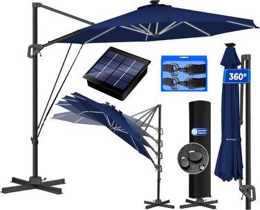 Сонячна парасолька KESSER XL 330 см з LED-підсвічуванням, сонячною батареєю, чохлом, вітрозахистом, 7-позиційним регулюванням, нахилом, обертанням 360°, для саду, з ручкою, захист від UV50+, темно-синя
