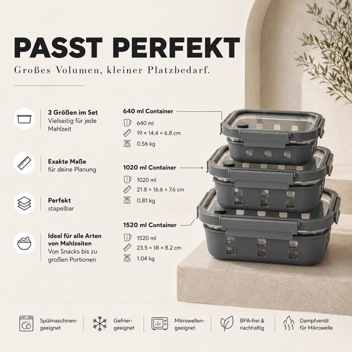 Набір скляних контейнерів для їжі Meal Prep Graciosa (3 шт), герметичні з кришками, об'ємом 640 мл, 1020 мл та 1520 мл