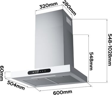 Витяжка для кухні CIARRA CBCS6102 60см, біла: продуктивність 650м³/год, клас A+++, сенсорне керування, з вугільним фільтром CBCF003, режим рециркуляції та відведення