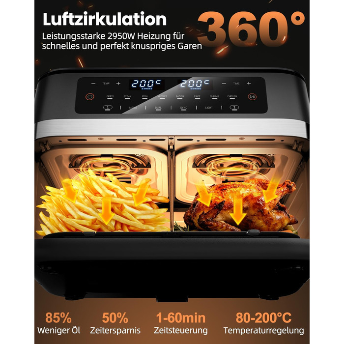 Аерофритюрниця WELLENT 12L Dual Zone XXL - двокамерна фритюрниця з гарячим повітрям 2950W (6+6Л), з вікном перегляду, функціями Match & Sync та нагадуванням про струшування, придатна для посудомийки
