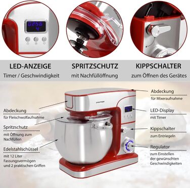 Кухонна машина Syntrox Germany Snofru, 12 л, нерж. сталь, м’ясорубка, багатофункціональний міксер, 2000 Вт, червона