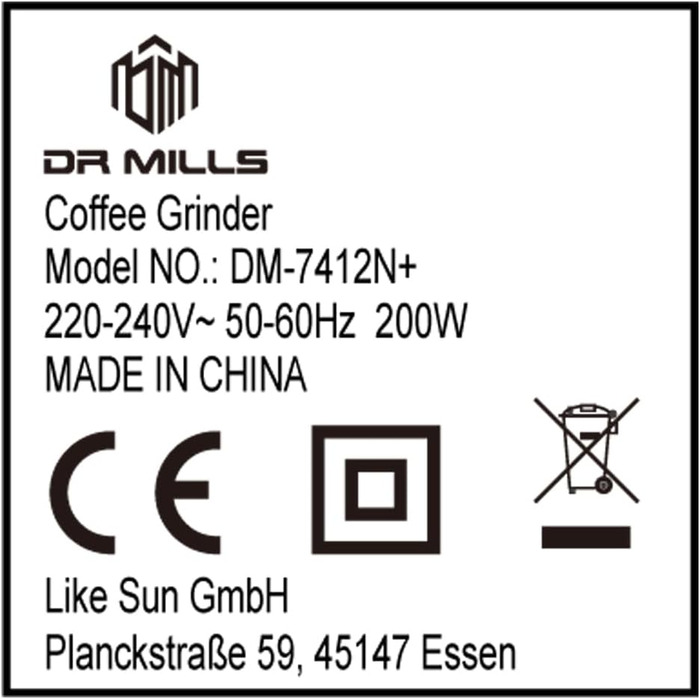 Електрична кавомолка та млинок для спецій DR MILLS DM-7412N+, нержавіюча сталь SUS304, знімна чаша, ножі для подрібнення