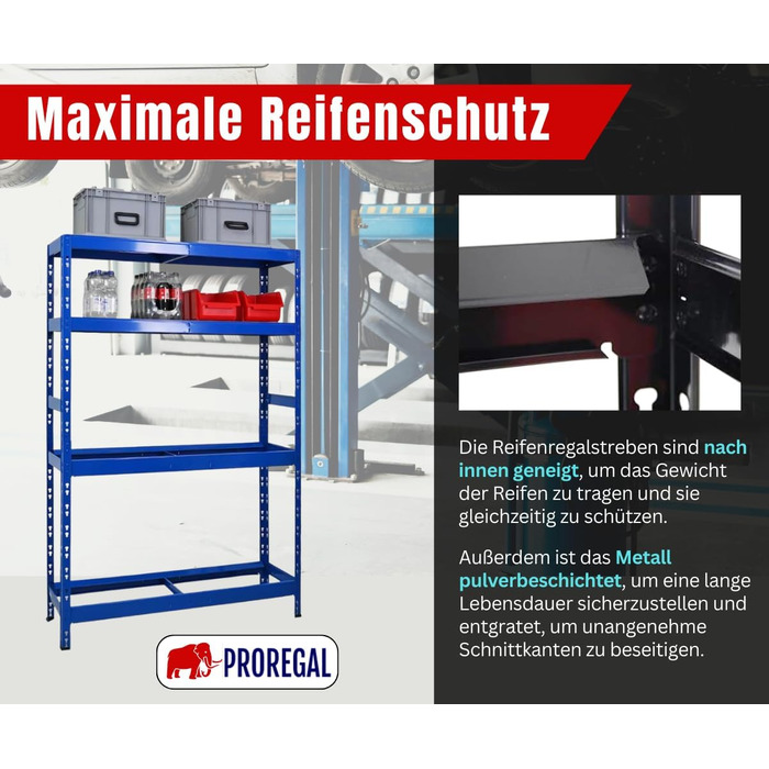 Стелаж для шин PROREGAL Tiger XL: 200x180x45 см, 300 кг навантаження, до 205/55 R16, для майстерні, складу, підвалу (12 шин + 2 полиці, блакитний)