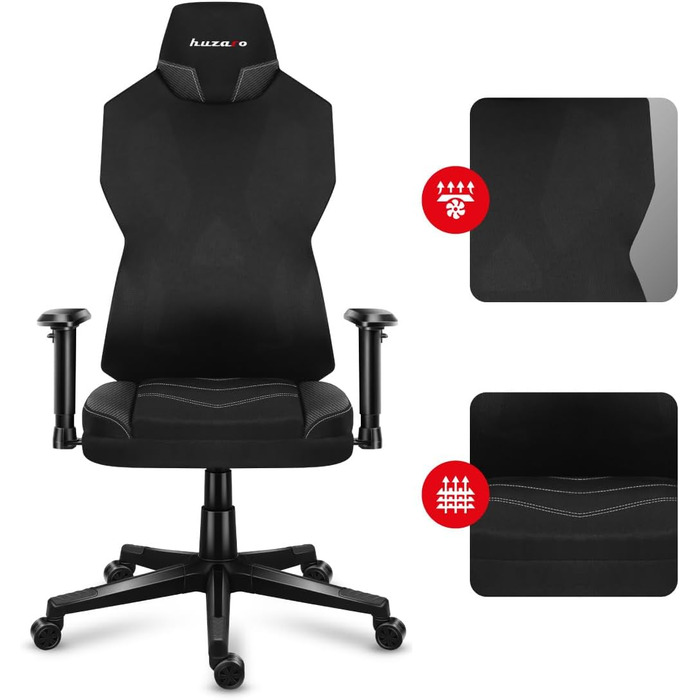 Ігрове крісло Huzaro Combat 6.2 Black RGB з LED підсвіткою, тканинне, чорне, регульована спинка, підлокітники та висота сидіння, для геймерів та офісу, витримує до 140 кг