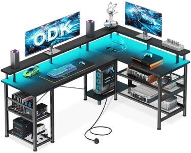Кутовий ігровий стіл ODK L-подібний з LED-підсвіткою, розеткою та USB-портами, стіл для ПК з полицями та підставкою для монітора, чорний, 150×102 см