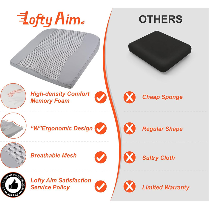 Автомобільна подушка Lofty Aim з піни Memory Foam для водія: підтримка спини, зняття болю при ішіасі, для автокрісла, офісного крісла, візка (сіра, PU-шкіра, 4D Mesh)