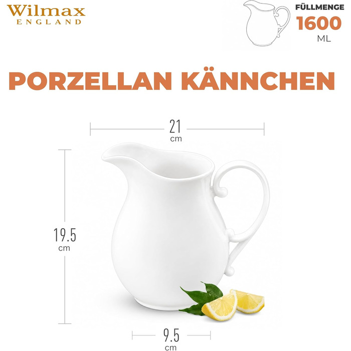 Порцеляновий глечик Wilmax 1,6 л білий для води, соку, молока та вина, підходить для холодних і гарячих напоїв, придатний для посудомийки