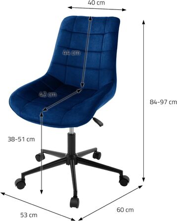 Офісне крісло ML-Design, синє, оксамитова сидіння, металевий каркас, м'яке, з підлокітниками, регулювання висоти, обертання на 360°, 5 коліс, ергономічний стілець для домашнього офісу та бюро