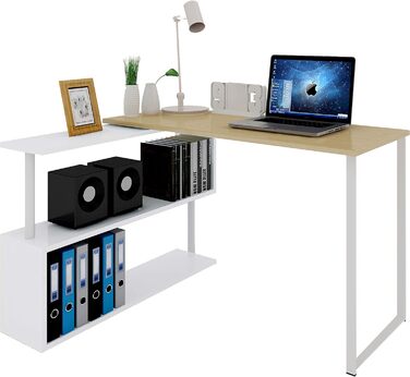Кутовий комп'ютерний стіл WOLTU TS65hei, 120x100x74 см, світлий дуб, МДФ, з полицями для офісу, письмовий стіл для ноутбука та ПК