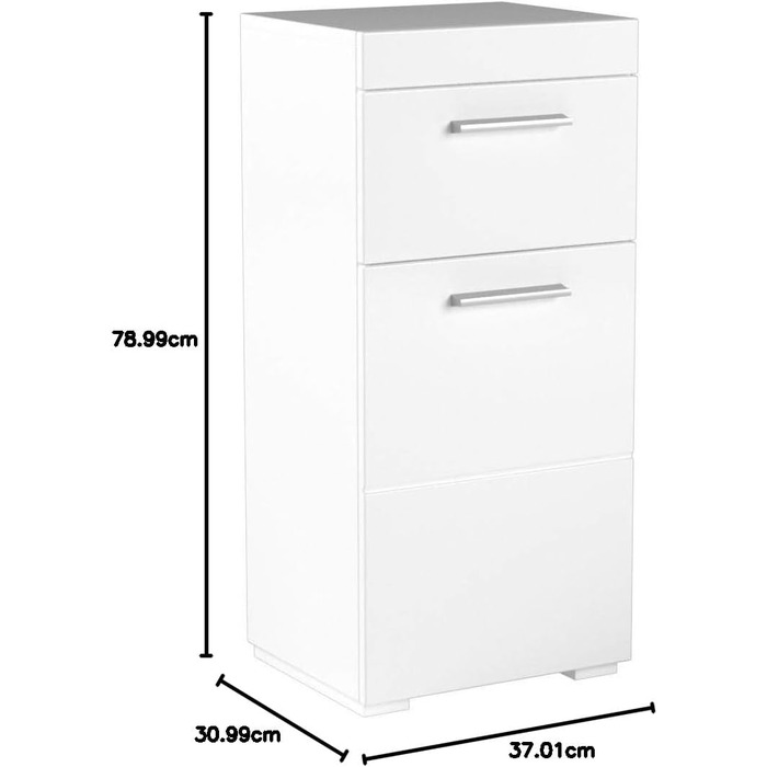 Комод для ванної Trendteam Amanda, білий глянцевий, 37x79x31 см, з 1 дверцятами і 1 шухлядою, універсальний, сріблясті ручки