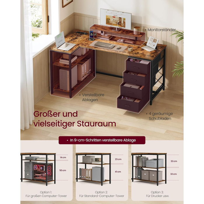 Кутовий комп'ютерний стіл VASAGLE з розетками та USB, 160x80 см, Vintagebraun (LWD173KD01) - ігровий стіл з шухлядами