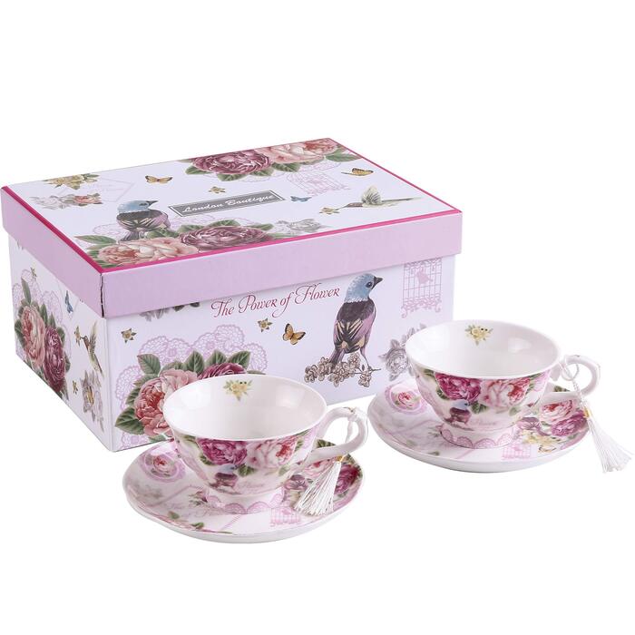 Набір чашок та блюдець London Boutique, Shabby Chic, вінтажний дизайн, порцелан з квітковим візерунком, 2 набори в подарунковій коробці, рожевий (Pink Bird Rose)