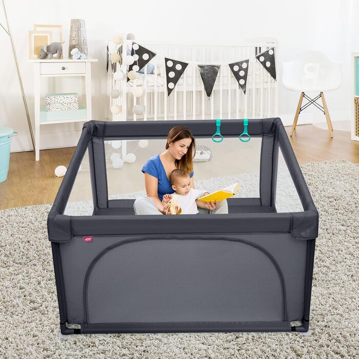 Манеж для дітей COSTWAY 120x120 см з 50 кульками, дихаюча сітка, дверцята на блискавці, для немовлят і малюків, темно-сірий