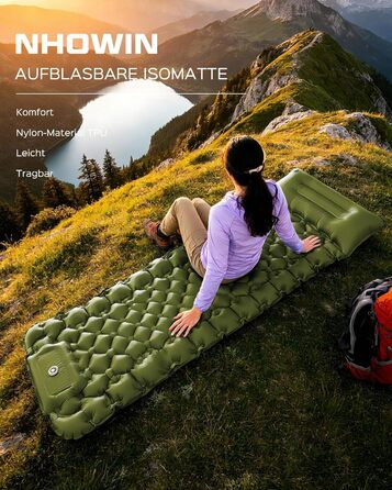 Надувний кемпінговий килимок Isomatte 9 см з вбудованим насосом та подушкою, ультралегкий туристичний матрац для походів та бекпекінгу (Зелений)