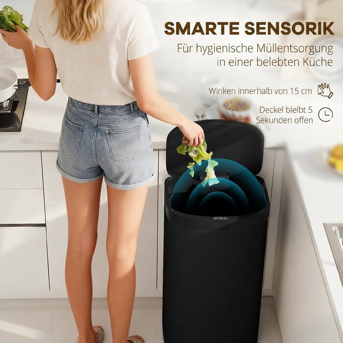 Сенсорний сміттєвий кошик 55 л із кришкою Soft-Close, нержавіюча сталь, для кухні, спортзалу та офісу, чорний