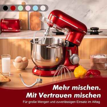Кухонна машина Kitchen in the box Fab-Serie, потужний планетарний міксер 2000Вт, чаша 8л, 10 швидкостей, з вінчиком, гаком та мішалкою, червоний