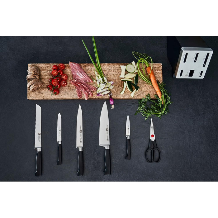 ZWILLING Vier Sterne самозаточувальний ножовий блок, 7 предметів, нержавіюча сталь, пластикові ручки, ножі та ножиці, чорний, Німеччина