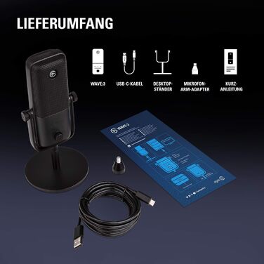 Elgato Wave:3 – професійний USB конденсаторний мікрофон для стрімінгу, подкастів, ігор та домашнього офісу, з безкоштовним мікшуванням і плагінами звукових ефектів, захист від спотворень, Plug & Play, для Mac і ПК