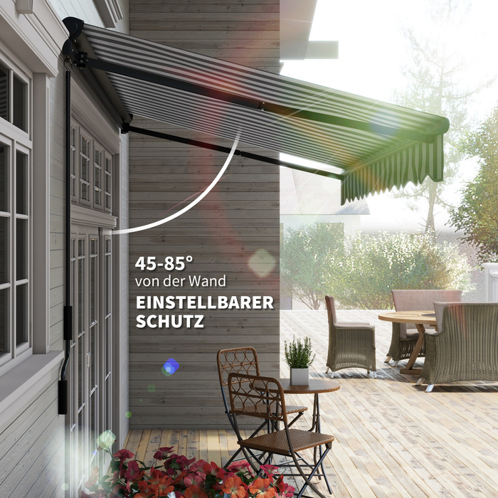 Електричний балконний тент Outsunny Folding Arm 395 x 250 см Захист від сонця із захистом від ультрафіолету, ручна рукоятка, регульована касетна маркіза з дистанційним керуванням, сірий+білий