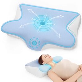 Ортопедична подушка з піни Memory Foam 2-в-1 для сну на боці, спині та животі, 60x41.5x10/12 см (Біло-синя)
