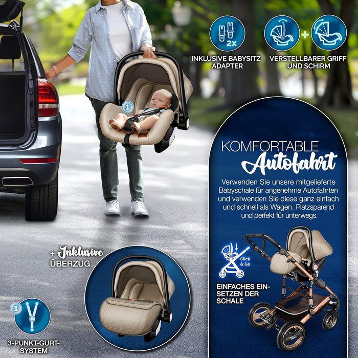 Дитяча коляска KIDUKU® 3 в 1 XXL Комплект | Комбінована коляска з люлькою, візком та автокріслом, комплект включає: люльку, візок, автокрісло, підніжка для ніг, сумка для пеленання, грілки для рук, дощовик, столик для дитини, гумові колеса, ECE R129, Колі