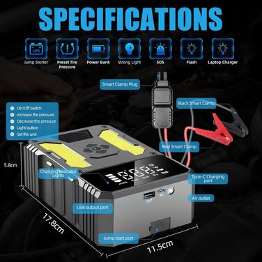Пусковий пристрій для авто (бустер) з компресором 6000A, портативний Jump Starter Powerbank з LED-ліхтарем та дисплеєм, жовто-чорний