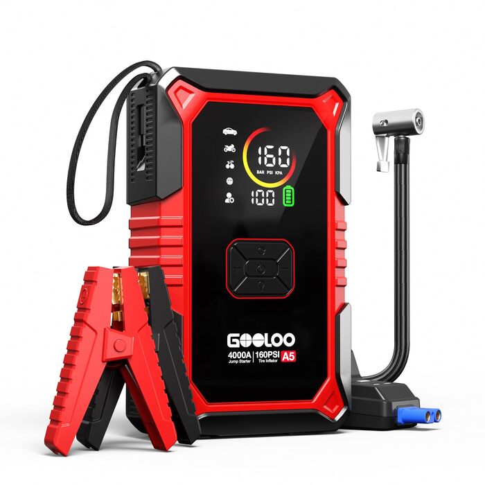 Пусковий пристрій GOOLOO A5 4000A з компресором 160 PSI та функцією Powerbank, червоний