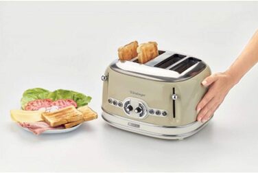 Тостер Ariete Vintage 156, 4 тостера, ретро стиль, 6 режимів, автоматичний викид, функція розморожування, знімний піддон для крихт, корпус з нержавіючої сталі, 1600 Вт, бежевий