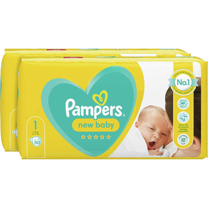 Дитячі підгузки Pampers розмір 1 (2-5 кг), 100 шт (2 упаковки по 50 шт), місячний запас