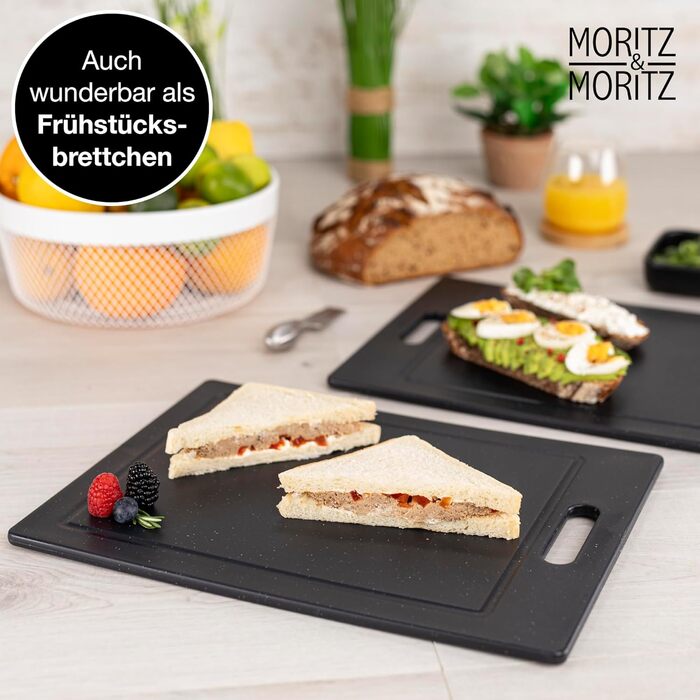 Набір обробних дощок Moritz & Moritz 2 шт. 36x27,5 см, пластик, без BPA, гранітний дизайн, з антиковзними ніжками та отвором для захвату, з канавкою для соку, чорні, великі для кухні