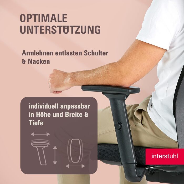Ергономічне офісне крісло Interstuhl SMART Soft, синхромеханізм, 4D-підлокітники, підтримка попереку, чорне, Made in Germany