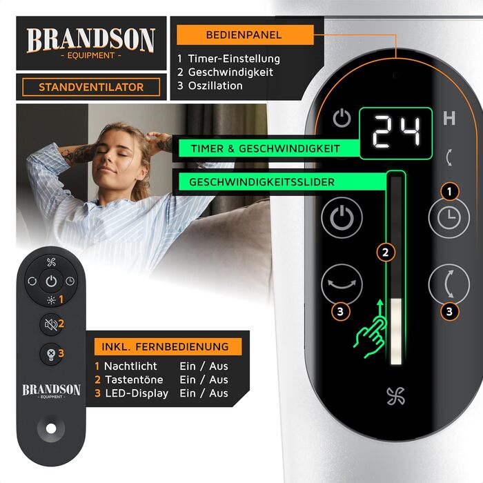 Вентилятор підлоговий Brandson 3D з ЕКО DC мотором, 24 швидкості, пульт, білий – енергозбереження 60%