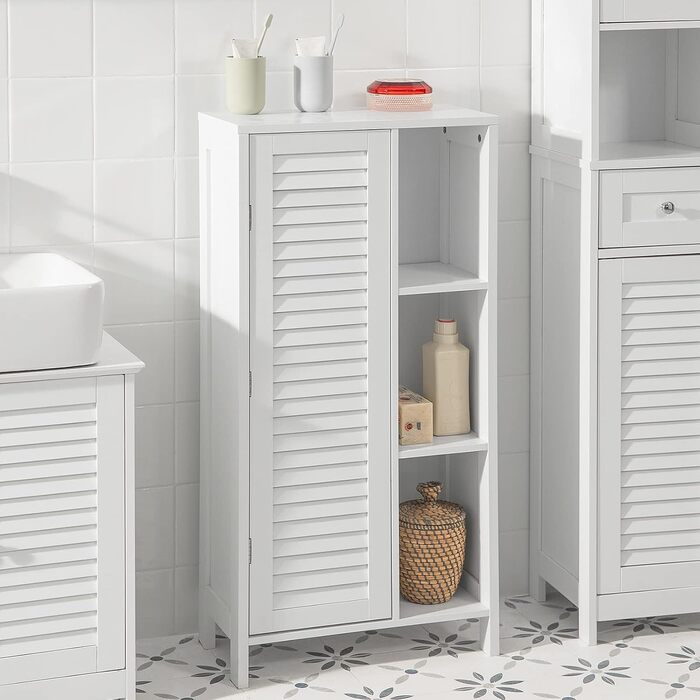 Шафа для ванної SoBuy BZR39-W з ламельними дверцятами, біла, 48x96x24 см – високий комод для зберігання, ванна кімната, меблі для ванної