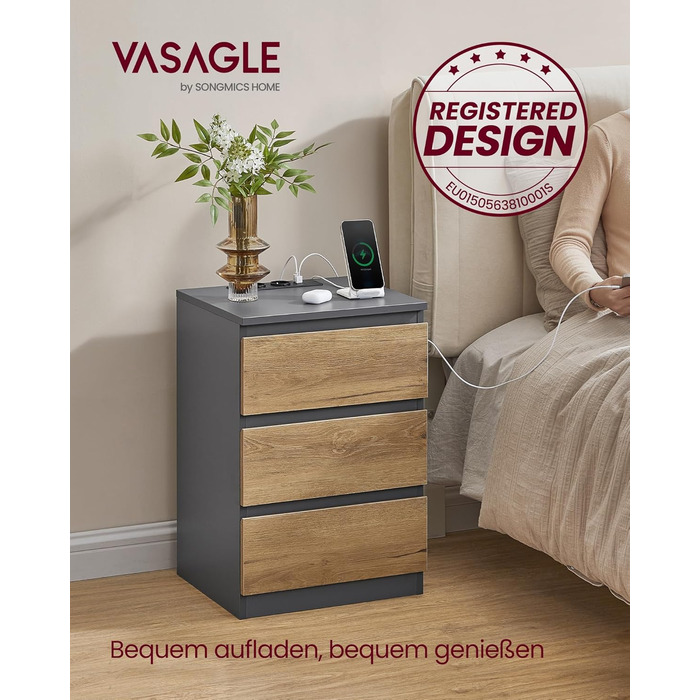 Приліжкові тумбочки VASAGLE Kailyn (2 шт.) з розетками, 3 шухляди, сірий + коричневий, LET831G01