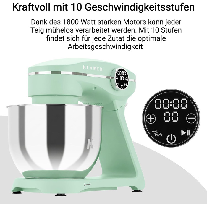 Кухонний комбайн KLAMER 1800W, планетарний міксер для тіста з чашею 6л з нержавіючої сталі, 10 швидкостей, таймером та набором насадок (Premium Mint)