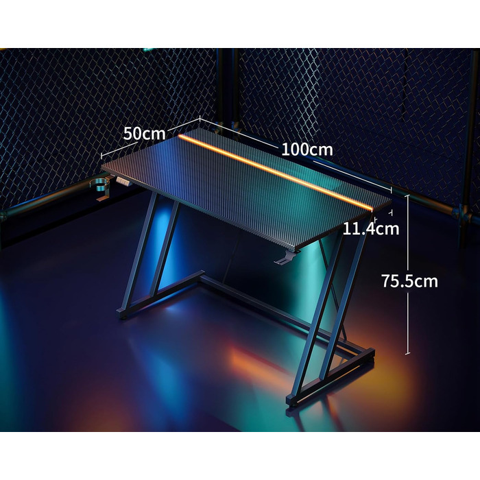 Ігровий стіл ODK 80x50 см з LED підсвіткою, чорний карбон. Стіл для геймерів з тримачем для навушників та підставки для напоїв